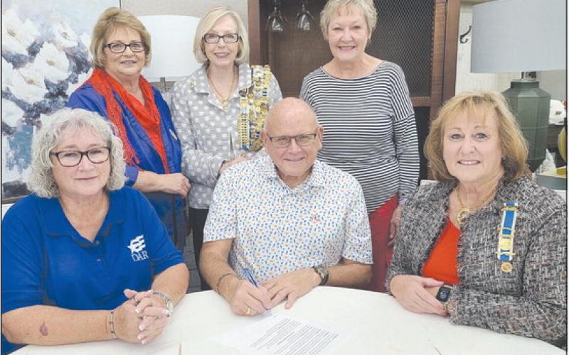 MAYOR SIGNS PROCLAMATION FOR CONSTITUTION WEEK Perryton Mayor Kerry Symons signed a proclamation this week recognizing the local Wolf Creek chapter of the National Society Daughters of the American Revolution and Constitution Week, which runs from Sept. 17-23. Pictured from left, front row, are: Debra Dye, Mayor Kerry Symons, and Chapter Regent Sherrie Rima; back row: Nan Schwalk, Barbara Johnson, and Cynthia Symons.