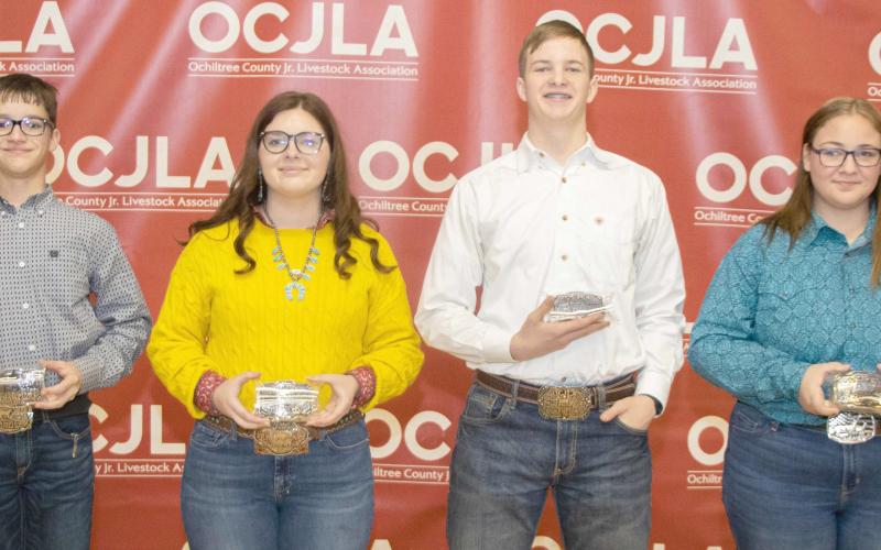 SENIOR RESERVE SHOWMANSHIP—The Senior Showmanship Awards were presented to students at the Ochiltree County Junior Livestock Show and Sale on Jan. 19-20. Pictured are, from left, front row: Jake Schickedanz, Karson Pribble, Nathan Miller, and Alexis Goldsberry. (Photo Credit: Tessa Powell)
