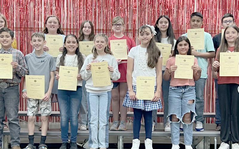 FIFTH GRADE CITIZENSHIP AWARDS—Williams Intermediate School held their end-of-year awards ceremony. Two students from each homeroom were presented with the American Legion Outstanding Citizenship Award. Fifth graders who received the award included, from left, front row: Jazlyn Ontiveros, Oseas Zavala, Madden Scarnati, Joyci Rosales, Rylee Merkel, Esmeralda Ochoa, Marilyn Ramirez, Viviana Chavira, and J.W. Hardy from the American Legion; back row: Chantel Rodriguez, Kaylynn Roberson, Paisley Kerl, Conli Mog