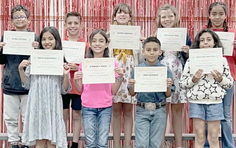 FOURTH GRADERS WITH PERFECT ATTENDANCE—Williams Intermediate School held their end-of-year awards ceremony. The recipients of the perfect attendance award for fourth graders were, from left, front row, Sofia Hernandez, Kimberly Frias, Iker Escobar, and Tahtyana Westfall; and back row, Jamie Castro, Brody Carreon, Avery Arruda, Wrensely Hill, and Jaquelin Pedraza.