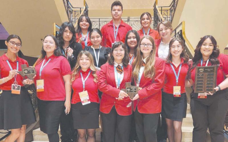 Perryton High School’s chapter of Family, Career and Community Leaders of America (FCCLA) attended their state competition in Dallas in April, with two students, Addison Brown and Marisol Garcia, qualifying for the national competition in July. Pictured are, from left, front row: Alexa Rosales, Aiko Valdez Pacheco, Julia Alfaro, Marisol Garcia, Addison Brown, Valerie Ramirez, and Valeria Mendoza; second row: Sara Flores, Jazlyn Cervantes, Gissell Becerril, and Jaelan Appelhans; back row: Destiny Vasquez, Di