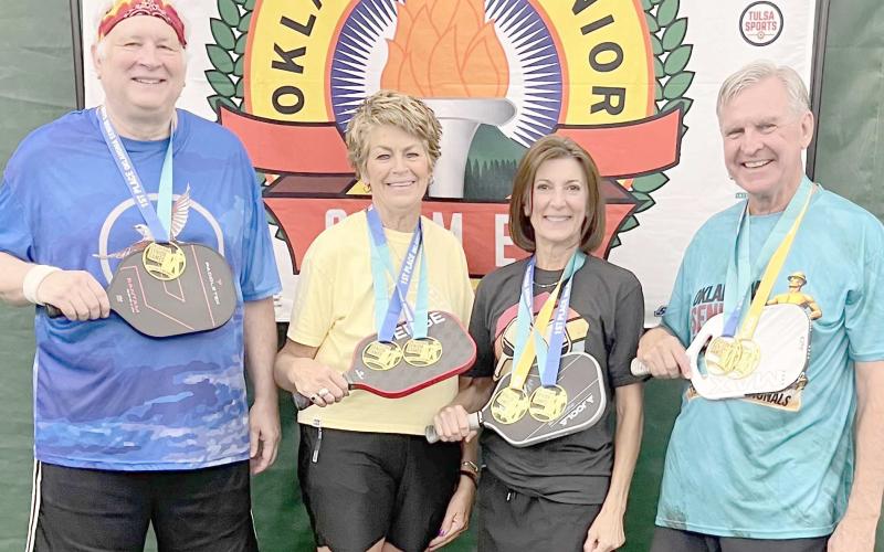 PICKLEBALL TOURNEY WINNERS—Four pickleball players from the Perryton and Booker area competed in the Oklahoma Senior Games Aug. 79 in Oklahoma City. All four qualified to attend the 2027 National Senior Games in Tulsa, OK June 30-July 11, 2027. Winning gold medals were Gary Rinker and Shirley Howard, 60-64 age division; Rinker and Rick LaFollette, 55-64 age division; Howard and Dunlavy, 65-69 age division; and LaFollette in the 75-79 age division. LaFollette and Dunlavy also won bronze in the 60- 64 age div