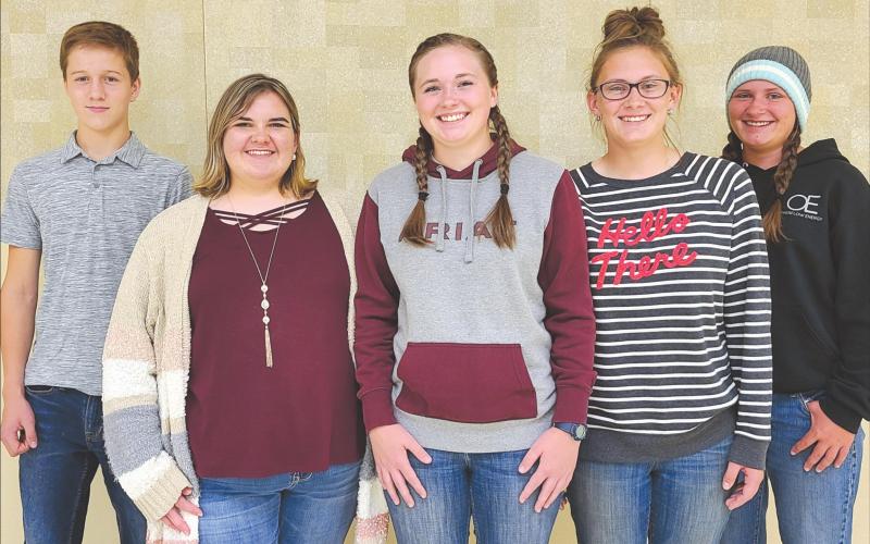 4-H AMBASSADORS CHOSEN Ochiltree County 4-H elected new members of the 4-H Ambassadors this week. The Ambassadors work to help promote 4-H, its programs, and its values, as well as helping plan county-wide activities for the organization. Pictured are, from left, Canon Huddleston, Chloe Tanner (secretary), Tylar Oquin (president), Tatum Oquin (vice president), and Rylan Oquin. Not pictured are Emma Barnes and Megan Huddleston.