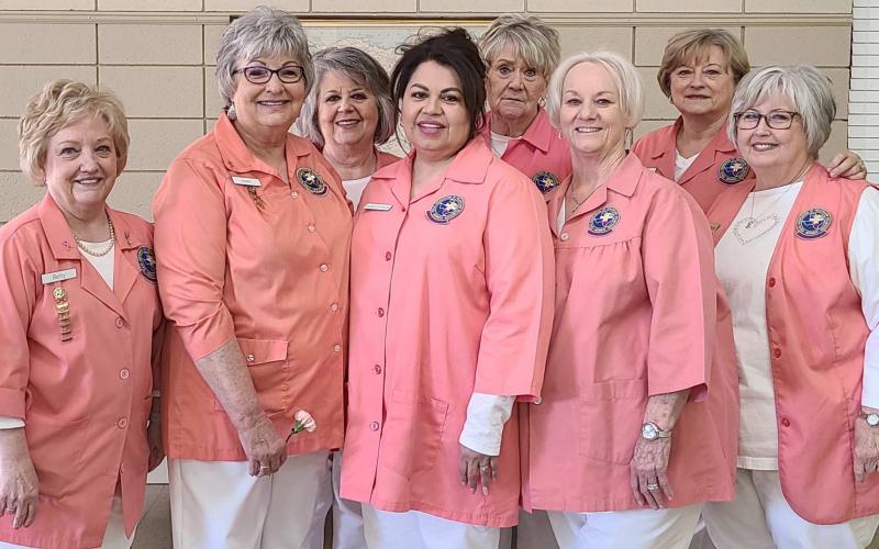 AUXILIARY OFFICERS—The Ochiltree General Hospital Auxilliary installed new officers this week. Pictured are, from left, front row, secretary Betty Caddel, president Debby Schollenbarger, third vice president Susie Estrada, treasurer Ethel Rudd, and co-second vice president Kay Turner; and back row, gift shop manager Debbie McGarraugh, historian Judy Russell, and gift shop manager Jean Pshigoda. Not pictured are first vice president Linda Rodgers and co-second vice president Janelle Cochran.