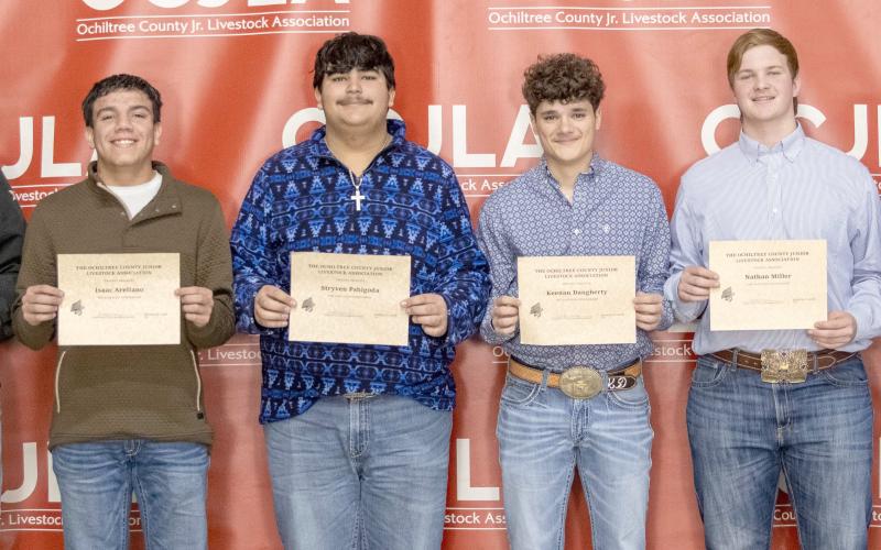 OCJLA SCHOLARSHIP RECIPIENTS— Six students were awarded scholarships during the Ochiltree County Junior Livestock Show and Sale on Jan. 16-17. Pictured are, from left, Landry Anderson, Isaac Arellano, Stryven Pshigoda, Keenan Daugherty, Nathan Miller, and Cash Wheeler. ( Photo credit: Hailey Clark of Hailey Renee Photography)