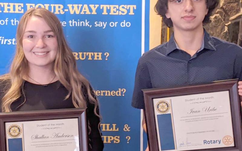 STUDENTS OF THE MONTH—Perryton High School seniors Shallan Anderson, left, and Ivan Uribe were chosen as the Rotary Students of the Month for November. They were recognized during the club’s meeting Nov. 5.