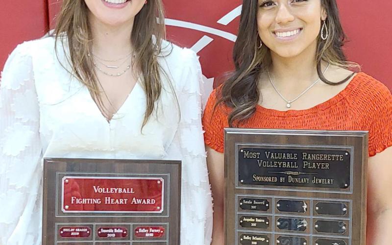 PHS VOLLEYBALL PLAYERS WIN AWARDS—Perryton High School’s volleyball team was honored on May 2 at the Perryton High School All Sports Awards. Pictured are, from left: Halley Farney, winner of the Fighting Heart award, and Tanya Navarrete, MVP.
