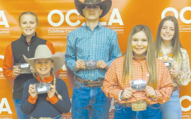 The Reserve Grand Champion winners were presented with their Buckle Awards at this year’s Ochiltree County Junior Livestock Show and Sale on Jan. 20-21. Pictured are, from left, front row: Lakyn Boxwell (Reserve Grand Champion Steer) and Avery Swenhaugen (Reserve Grand Champion Swine); back row: Payton Schilling (Reserve Grand Champion Goat), Treven McKinley (Reserve Grand Champion Heifer), and Averi Pshigoda (Reserve Grand Champion Lamb). (Photo Credit: Brittany Morgan)