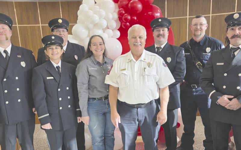 City of Perryton staff, supervisors, council members, and citizens gathered on Dec. 5 for a retirement reception for longtime Fire Department Chief Paul Dutcher. Dutcher had been the city’s Fire Chief for 35 years. Pictured are, from left, Thomas Beal, Amanda Cowan, Ronnie Robinson, Olivia Thompson, Chief Dutcher, Collin Manross, Will Schafer, and Jordan Thomas.
