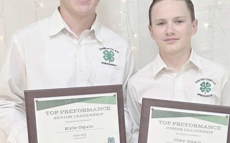 OUTSTANDING LEADERSHIP AND RECORD BOOK AWARD— Ochiltree County 4-H held their annual awards ceremony at the Ochiltree County Expo Center on Oct. 9. The awards for Outstanding Senior and Junior Leadership, along with the Record Book awards, went to, from left, Kyle Oquin and Clay Oquin.