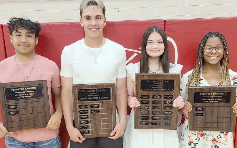 PHS TRACK STARS BRING HOME AWARDS— Perryton High School’s track team was honored at the Perryton High School All Sports Awards Banquet. Pictured are, from left: Noel Venegas, boys Fighting Heart winner; Julian Cervantes, boys MVP; Sabrina Nyman, girls MVP; and Tiana Hill, girls Fighting Heart winner.