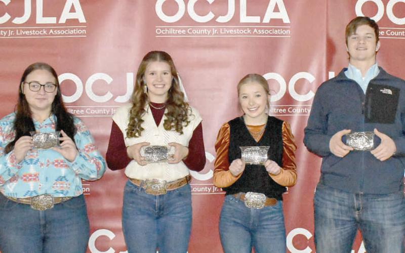 At this year’s Ochiltree County Junior Livestock Show and Sale on Jan. 17-18, the Senior Reserve Showmanship Awards were presented. Pictured are, from left: Alexis Goldsberry, Tana Williams, Emmalee Lopez, and Nathan Miller. (Photo credit: Morgan Dudley)