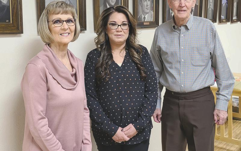 The Ochiltree County Commissioners’ Court held a brief meeting on Tuesday morning for the swearing-in ceremony for the county’s new Tax Assessor/Collector Angel Hernandez. She was appointed to the position after Linda Womble, the previous Tax Assessor/Collector, announced her retirement last month. Pictured are, from left, Womble, Hernandez, and County Judge Charles Kelly.