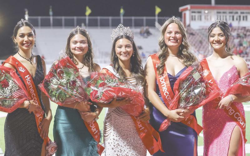 HOMECOMING COURT—The 2024 Perryton High School homecoming queen was crowned during the Rangers’ homecoming game against Pampa. The queen and court included, from left, Samantha Sandoval, Sabrina Nyman, queen Natalie Estrada, Maisy McGaughy and Lindsey Valenzuela.