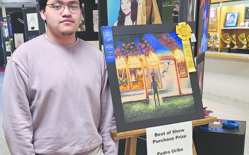 Perryton High School’s annual art show will run through May 15 during school hours at the high school. Visitors can also see the displayed art after school hours on May 6 and on May 15. The Best in Show and purchase prize award went to Pedro Uribe for “Collapsed,” a color pencil drawing. Uribe also received a $150 cash prize for his winning artwork. URIBE WINS BEST OF SHOW