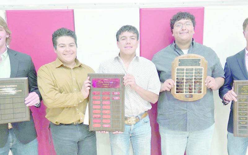 FOOTBALL HONOREES AT ALL SPORTS BANQUET— Perryton High School’s football team was recognized at the Perryton High School All Sports Awards Banquet on May 4. Pictured are, from left: Cash Wheeler, Best Defensive Player; Jeremiah Hernandez and Isaac Arellano, winners of the Pete Peterson Award; Jason Gutierrez, Best Lineman; and Cooper Schilling, Best Offensive Player.