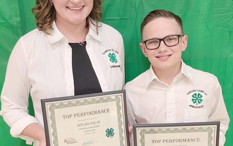 JUNIOR AND SENIOR LEADERS— Ochiltree County 4-H’s annual awards ceremony was held Oct. 14 at the Expo Center. Awards were presented for Junior and Senior Leadership Awards, which require a completed record book of their experiences in 4-H and are based on student leadership within the organization. Pictured are, from left, Senior Leadership winner Rylan Oquin and Junior Leadership winner Clay Oquin.