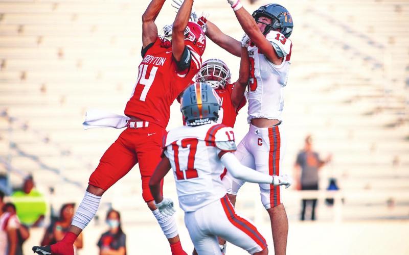RANGERS FALL TO CAPROCK Sophomore Julian Cervantes #14 intercepts a throw on the first drive of the Caprock Longhorns during Friday’s homecoming festivities at Ranger Field. The Caprock Longhorns took home a win, 25-18. See story for more information. (Photo courtesy of David Erickson)