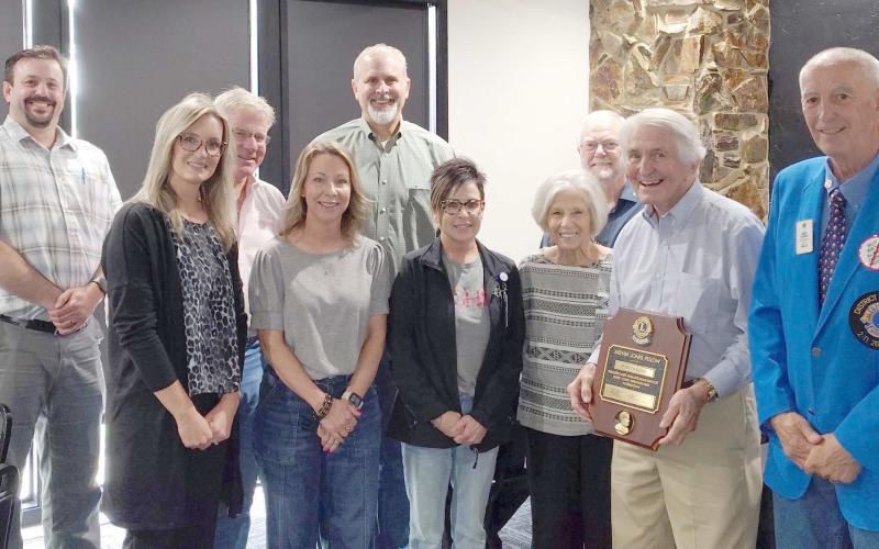 Local attorney Keith Good was named as the recipient of the Perryton Lions Club’s Melvin Jones Fellowship Award at a recent Lions Club meeting. The Melvin Jones Fellowship, established in 1973, is the highest form of recognition awarded by the Lions Clubs International Foundation. Pictured are, from left, Brandon Knapp, Afton Trejo, Greg Good, Sherry Good, Greg Brown, Gretchen Good, Toni Good, Frosty Hickerson, Keith Good, and Henry Wyckoff (past Lion District Governor).