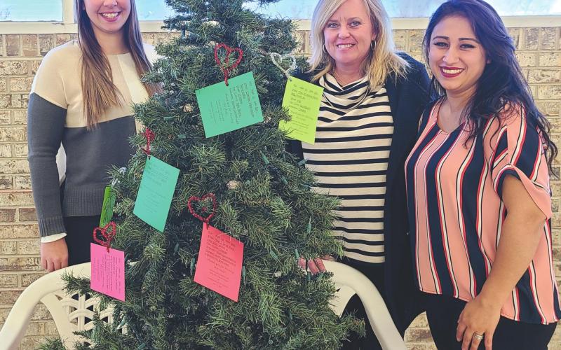 BE A CHRISTMAS ANGEL The Panhandle Crisis Center is offering the opportunity to help children in need this Christmas with the Angel Tree Project, with Angel Trees set up in local businesses to let benefactors purchase gifts for kids. Pictured with the Angel Tree in Walls Discount Center are, from left, crisis center staff members Jessica Klopper, Brada Hargues, and Carmen Mercado.