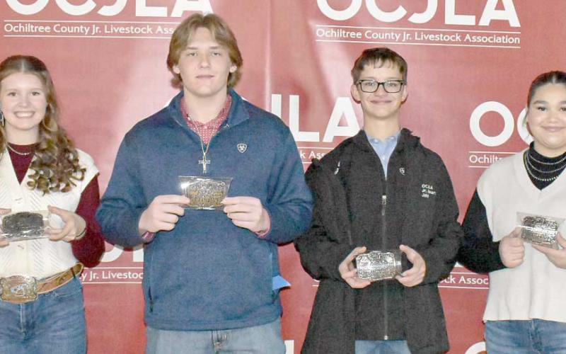 The Senior Showmanship Awards were presented to students at the Ochiltree County Junior Livestock Show and Sale on Jan. 17-18. Pictured are, from left: Tana Williams, Cash Wheeler, Jake Schickedanz, and Saraelee Pshigoda. ( Photo credit: Morgan Dudley)
