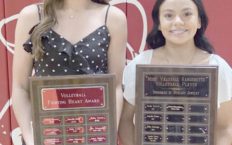 TOP HONORS FOR PHS VOLLEYBALL— Perryton High School’s volleyball team was honored at the Perryton High School All Sports Awards Banquet. Pictured are, from left: Mallee Vela, winner of the Fighting Heart award, and Jimena Mandujano, the team’s MVP.