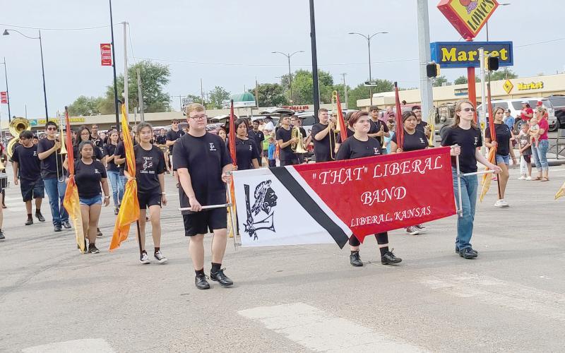 BEST LARGE BAND— Thousands of Ochiltree County residents showed up to watch the Wheatheart of the Nation Celebration parade on Main Street on Aug. 20. The winner of the Large Band category was the Liberal, KS marching band.