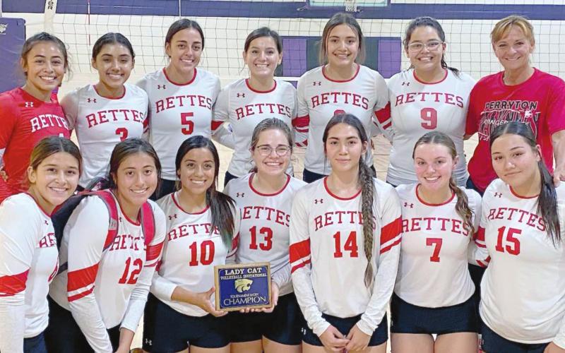 RETTES ARE CHAMPS—The Rangerette volleyball team captured the championship in the ivory bracket of the River Road Tournament held last weekend. Team members are, first row from left, Karyme Rojo, Samantha Ramirez, Tanya Navarrete, Molly McGaughy, Vanessa Najera, Halley Farney and Alexa Frias; and second row, Genesis Flores, Deanna Gutierrez, Jaki Mercado, Julia Estrada, Janet Montoya, Lainey Orozco and Coach Jan Reed.
