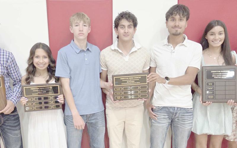 Perryton High School’s cross country teams were honored on May 4 at the Perryton High School All Sports Awards Banquet. Pictured are, from left: Alex Grajeda, boys Fighting Heart award; Kynsie Tarango, girls MVP; Jacob Erickson, Emanuel Soto, and Max Esquivel, boys MVPs; and Alexa Rosales and Kayman Vanosdol, girls Fighting Heart awards.