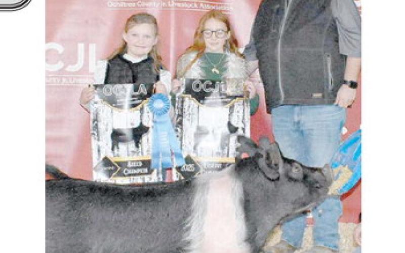 The award for Reserve Grand Champion Swine at the Ochiltree County Junior Livestock Show and Sale on Jan. 17-18 went to Blakelee Gillispie. The animal was purchased by Broken Arrow Crop Insurance. Pictured from left are Tylar Morgan, Blakelee Gillispie, and Jason Schickedanz. ( Photo credit: Morgan Dudley)
