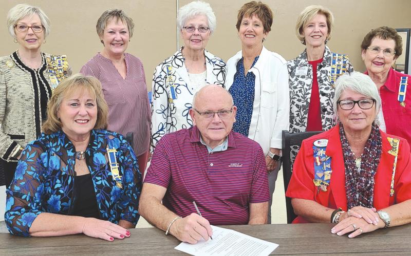 CONSTITUTION WEEK SET FOR SEPT. 17-23 Perryton Mayor Kerry Symons signed a proclamation last week recognizing the local Wolf Creek chapter of the Daughters of the American Revolution and Constitution Week, which runs from Sept. 17-23. Pictured from left, front row, are: Regent Sherrie Rima, Mayor Kerry Symons, and Debra Dye, chapter chair for Constitution Week; second row: Barbara Johnson, Cynthia Symons, Roberta Christian, Donna Mann, Ann Haley, and Anna Lee Barton.