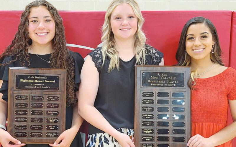 GIRLS BASKETBALL PLAYERS BRING HOME AWARDS—Perryton High School’s girls basketball team was honored on Monday evening at the Perryton High School All Sports Awards. Pictured are, from left: Mackenzi Stokes, winner of the Fighting Heart award, and co-MVPs Erin Merkel and Tanya Navarrete.