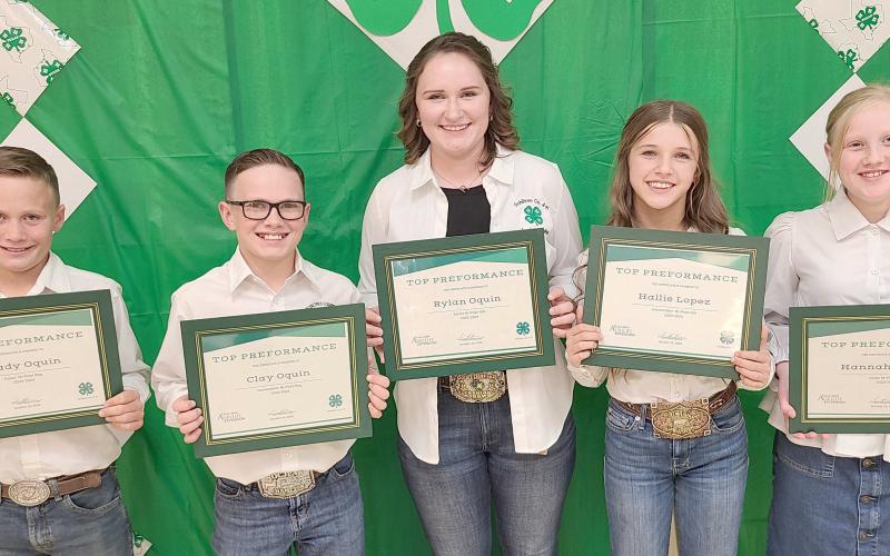 HIGH POINT WINNERS— Ochiltree County 4-H held their annual awards ceremony Monday night at the Ochiltree County Expo Center. The High Point Award winners were, from left, Brady Oquin, Clay Oquin, Rylan Oquin, Hallie Lopez, and Hannah Young. Not pictured is Nathan Knox.