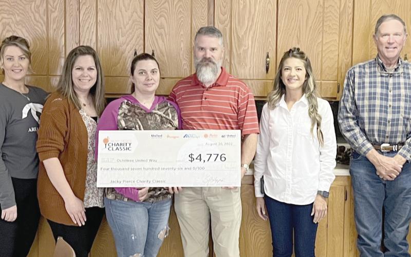 UNITED WAY DONATION— The Ochiltree United Way received $4,776, part of the proceeds from the 2022 Jacky Pierce Charity Class Golf Tournament, held in Lubbock. Sponsored by United Supermarkets, the proceeds provided $500,000 in funding for 27 nonprofit charities in Texas and New Mexico. The check was presented to the United Way board at its last meeting. Pictured, from left, are Marcia Hale, Stephanie Pulpan, Jennie Itara, Crystal Harper, Brent Harper, Amanda Cowan, Brady Yeary and Laycee Johnson.