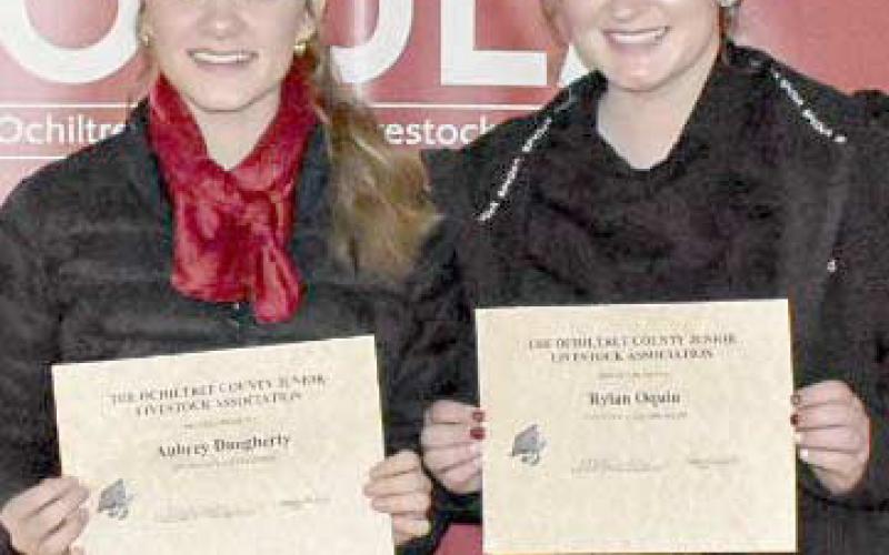 Two students were awarded scholarships during the Ochiltree County Junior Livestock Show and Sale on Jan. 17-18. Pictured are, from left, Aubrey Daugherty and Rylan Oquin. ( Photo credit: Morgan Dudley)