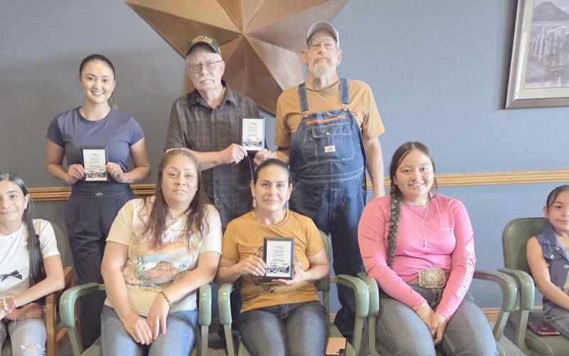 The winners of the Wheatheart of the Nation Celebration parade in August were honored by the Wheatheart of the Nation Celebration Committee at the end of September. Among the winners recognized were, from left, front row: Kaily Loma, Lilia Castorena, Alma Gomez, Alondra Castorena, and Aitana Loma, all from the Alma Gomez riding group; back row: Anahi Amparan from Top Rush Athletics, and Bill Battin and Mark Patterson, both for the 1918 Russell steam engine.