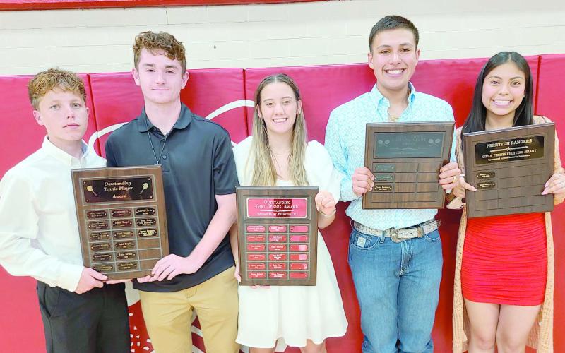 Perryton High School’s tennis teams were honored on May 6 at the Perryton High School All Sports Awards Banquet. Pictured are, from left, Preston Hernandez and Conner Kitchens, who shared the Outstanding Boys Tennis Player award; Olivia Eisenman, winner of the girls’ Outstanding Tennis Player award; Carlos Hernandez, who took home the boys’ Fighting Heart award; and Mariel Martinez, the recipient of the girls’ Fighting Heart award.
