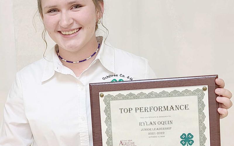 JUNIOR LEADERSHIP AWARD WINNER— Ochiltree County 4-H held its annual awards ceremony Oct. 10 at the Expo Center. Rylan Oquin was the recipient of the Junior Leadership Award, presented by North Plains Electric Cooperative. Oquin has been a club president, club reporter, County Ambassador, awards committee member, and meat goat project leader while in 4-H. The Senior Leadership Award was given to Chloe Tanner, who was not present.
