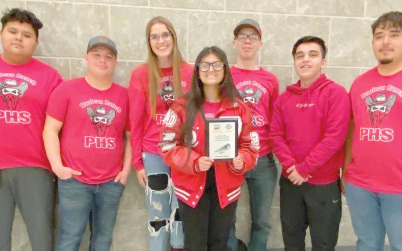REGIONAL WINNERS—The Perryton High School Ranger Robotics Team won the first place trophy Promo Award at the Regional First Tech Challenge Meet. The team was also named the regional third place winner of the First Tech Challenge Think Award. Team members left to right are Elias Becerril, Jaden Rodriguez, Isabella Hansen, Araseli Llamas. Kaye Temple, Andy Montes and Emanuel Granillo.