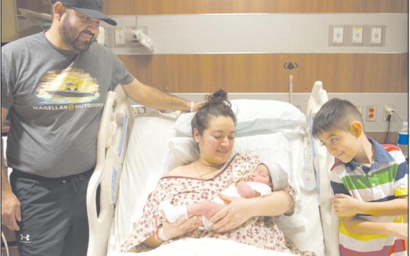Ochiltree County’s first baby of 2023 was last week at Ochiltree General Hospital. Abraham Gaytan was born on Wednesday, Jan. 4 at 12:11 a.m. His parents are Jose Alberto Gaytan and Nancy Carrillo, and he was delivered by Dr. Blake DeWitt. Abraham weighed nine pounds, three ounces and measured 22 inches. Pictured are, from left, proud father Jose Gaytan, proud mother Nancy Carrillo, baby Abraham Gaytan, and proud older brother Elliot Gaytan.