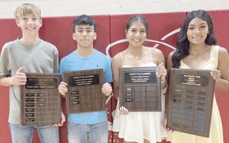 Perryton High School’s track team was honored on May 5 at the Perryton High School All Sports Awards Banquet. Pictured are, from left: Jacob Erickson, boys MVP; Alex Venegas, boys Fighting Heart winner; Geraldine Gamez, girls Fighting Heart winner; and Alexa Valenzuela, girls MVP.