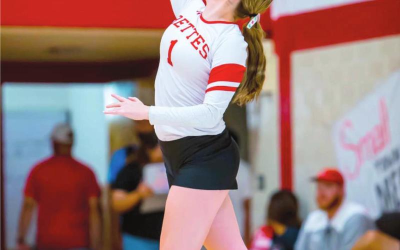 VOLLEYBALL ACTION—The Rangerettes split matches last week, notching a win over Sanford-Fritch and a loss to Miami. Pictured above, Hannah Irvin serves an ace in the Rette win over Fritch.