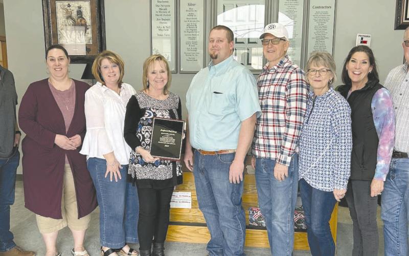 Preferred Beef Group of Booker was named the Corporate Citizen of the Year by the Perryton-Ochiltree Chamber of Commerce during its annual banquet on Feb. 22. Pictured from left are Preferred Beef owner/ partner Tyler Kruse, Chamber director Crystal Richardson, Wheatheart Council co-president Heather Dumcum, Wheatheart Council co-president Pam Chisum, plant manager Tanner Hopkins, owner/partner Bill Kruse, Debby Kruse, Kim Kruse, and owner/partner Scott Kruse.