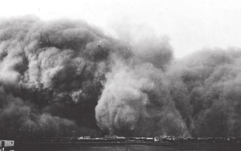 PANHANDLE DUSTER — This dust storm which moved into Perryton on Sunday, April 14, 1935, was one of the worst recorded during the “Dirty Thirties.” This storm continued for about 12 hours, turning day into night. It was one of many such storms which swept through the Perryton area during this decade of depression and crop failure.