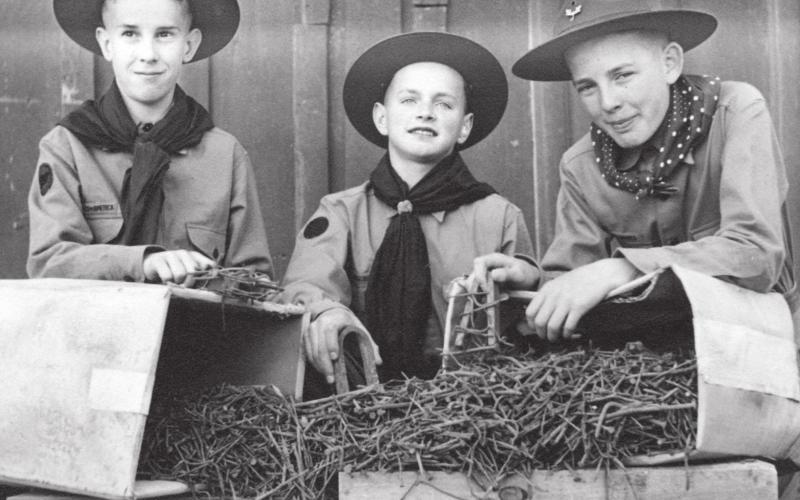 BOY SCOUTS — In 1939, three Perryton Boy Scouts, from left, Miles Sumpter, Joe Cox and Billy Herndon, collected 122 pounds of rusty nails using magnets.