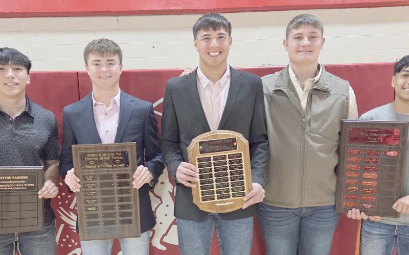 Perryton High School’s football team was recognized on Monday evening at the Perryton High School All Sports Awards Banquet. Pictured are, from left: Javier Martinez, Best Defensive Player; Cooper Schilling, Best Offensive Player; Avaun Garcia Best Football Lineman; and Dane Staggs and Noel Venegas, who received the Pete Peterson Award.