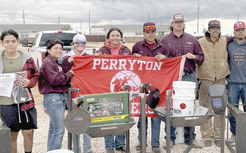 PHS WELDERS COMPETE IN LENORAH— Perryton High School sent men’s and women’s welding teams to compete in Lenorah at the end of October. Both teams took first place in their divisions, and five PHS students earned their 2F welding certification. Pictured are, from left, Jonathan Espino, Yeiri Rodriguez, Julia Estrada, Janet Montoya, Alvaro Lopez, Grant Pshigoda, Emanuel Trejo, and Cristian Lopez.