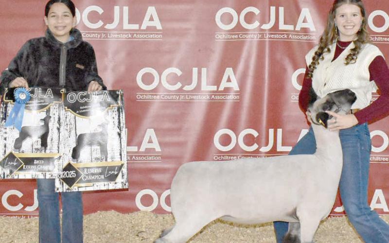 This year’s Reserve Grand Champion Sheep at the Ochiltree County Junior Livestock Show and Sale on Jan. 17-18 was awarded to Tana Williams. The animal was purchased by John Floyd Earth Moving. Pictured are, from left, Emma Arellano and Tana Williams. ( Photo credit: Morgan Dudley)