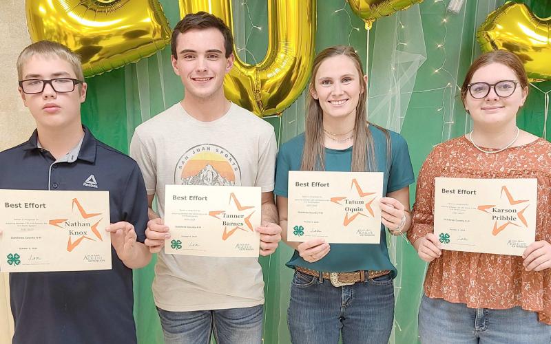 Th e annual awards ceremony for Ochiltree County 4-H was held Oct. 9 at the Expo Center. Winners of the Best Effort Awards included, from left, Nathan Knox, Tanner Barnes, Tatum Oquin, and Karson Pribble. Not pictured is Canon Huddleston.