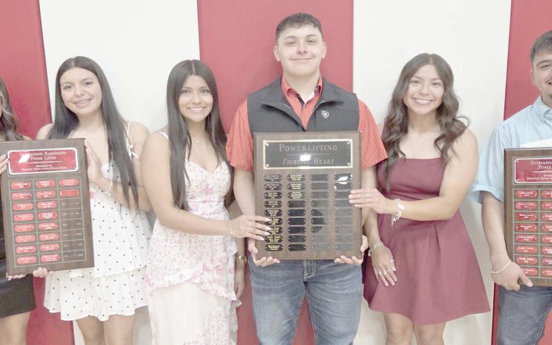Perryton High School’s powerlifting teams were recognized at the All Sports Awards Banquet on May 4 at the high school. Pictured are, from left, Crystal Anaya and Nevaeh Martinez, who were named the girls team’s Outstanding Powerlifters; Doris Navarrete, Abel Lucero, and Ivay Hernandez, who received the Fighting Heart awards; and Angel Flores, the boys team’s Outstanding Powerlifter.